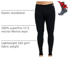 100% Merino Wool Base Layer Mens Pants - Thermal Underwear Long Johns