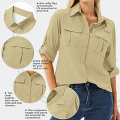 Women's UPF 50 Long Sleeve Sun Protection Safari Fish Hiking Shirts