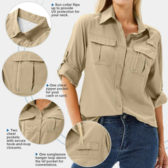 Women's UPF 50 Long Sleeve Sun Protection Safari Fish Hiking Shirts