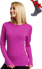 100% Merino Wool Base Layer Women - Long Sleeve Thermal Shirt with Socks