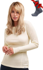 100% Merino Wool Base Layer Women - Long Sleeve Thermal Shirt with Socks
