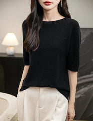 Chanyarn Women's 100% Merino Wool Spring Fall Winter First-Line Ready to Wear Seamless Knit Crewneck Short Sleeve Sweater