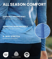 100% Merino Wool Base Layer Women Set - Thermal Underwear Women Top, Bottom