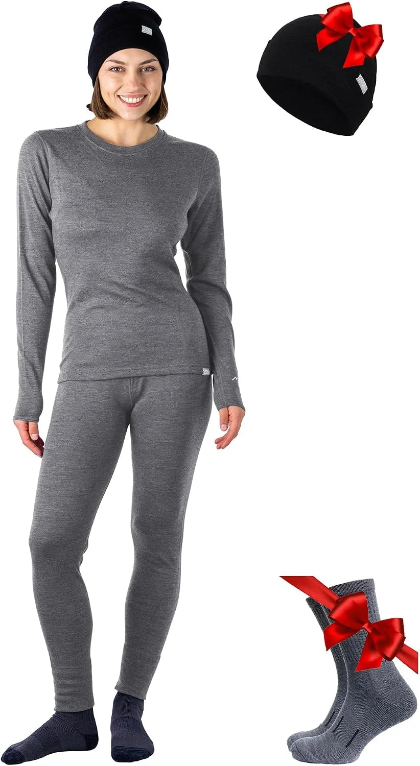 100% Merino Wool Base Layer Women Set - Thermal Underwear Women Top, Bottom