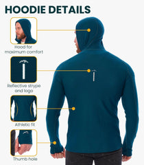 100% Merino Wool Hoodie Men - Slim Fit Quarter Zip Thermal Base Layer Top
