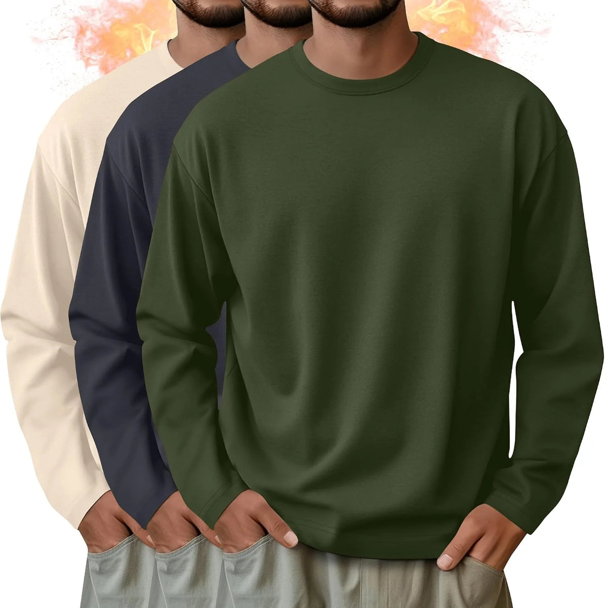3 Pack Mens Long Sleeve Thermal Shirts Crew Neck Tops