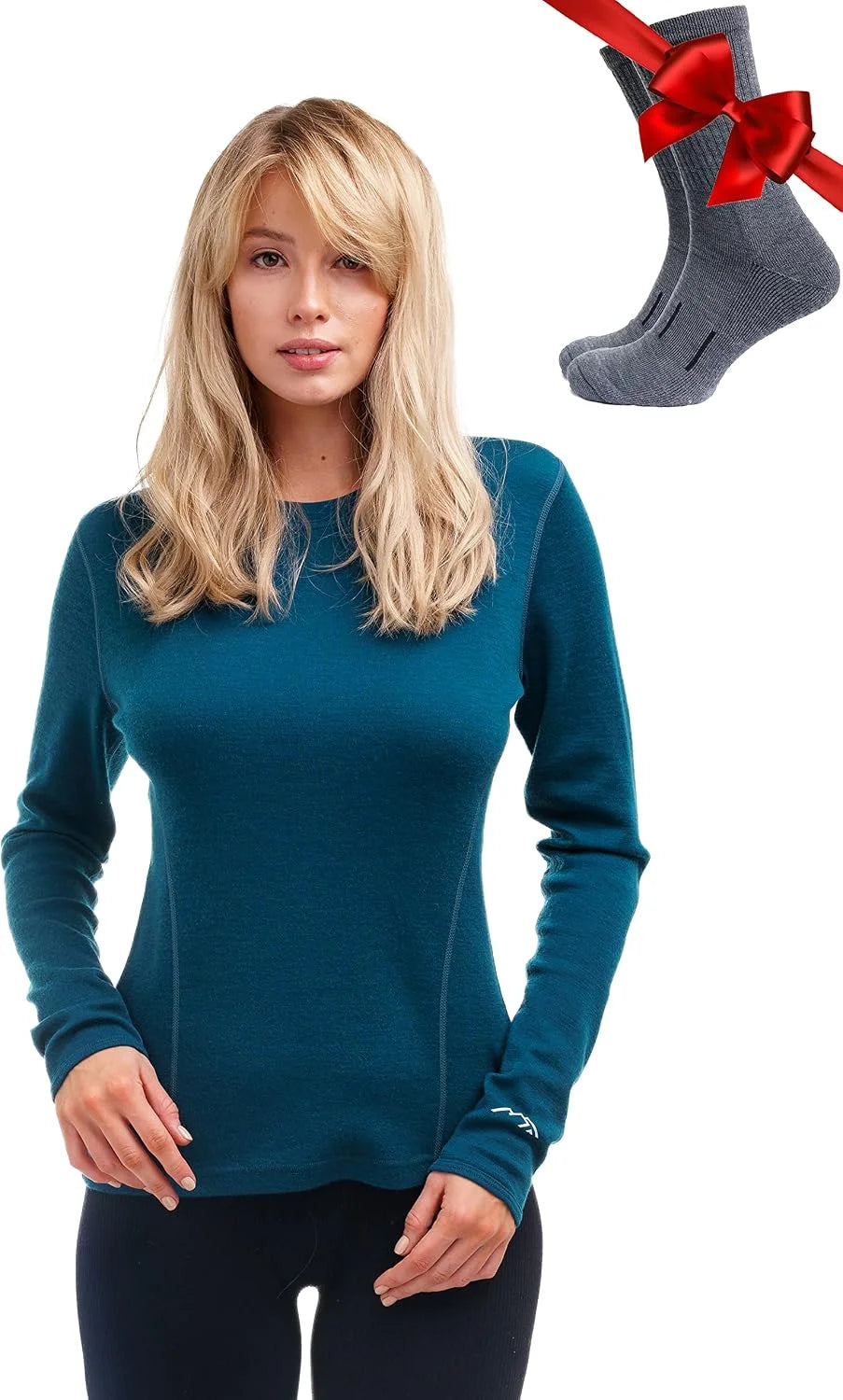 100% Merino Wool Base Layer Women - Long Sleeve Thermal Shirt with Socks