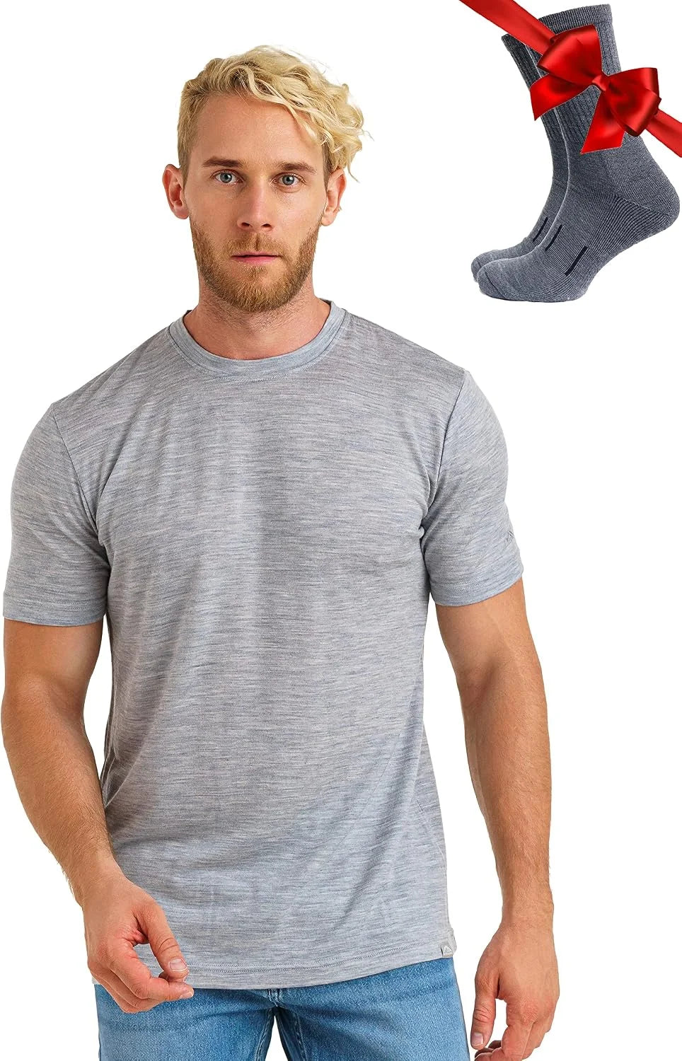 100% Merino Wool T-Shirt Men - Base Layer Top Undershirt with Hiking Socks