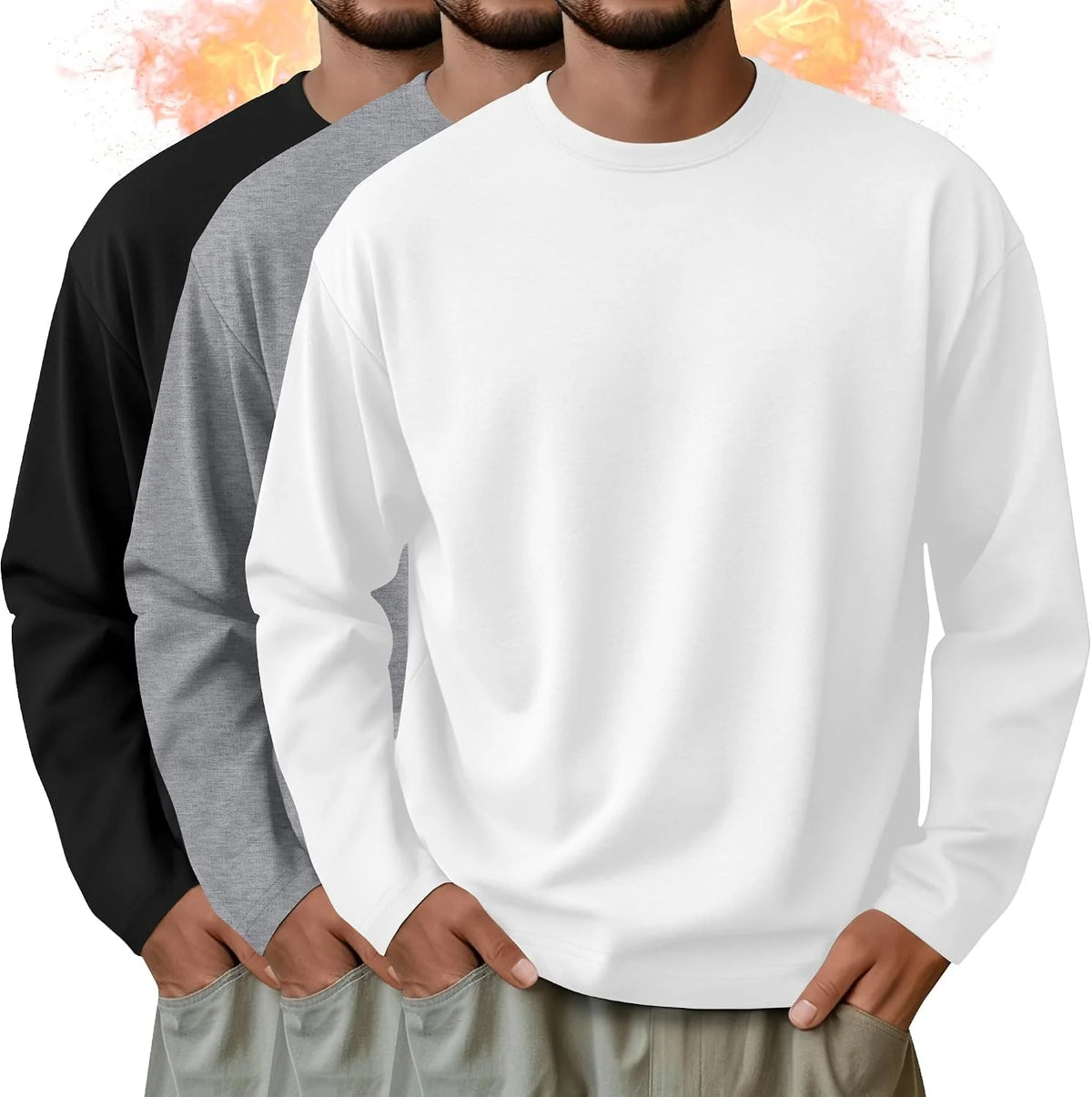 3 Pack Mens Long Sleeve Thermal Shirts Crew Neck Tops