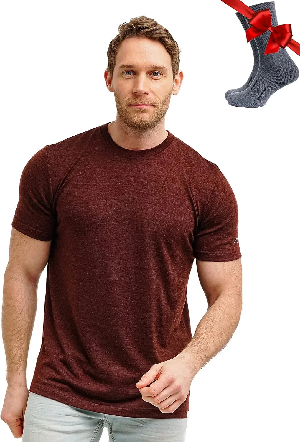 100% Merino Wool T-Shirt Men - Base Layer Top Undershirt with Hiking Socks