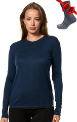 100% Merino Wool Base Layer Women - Long Sleeve Thermal Shirt with Socks