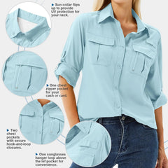Women's UPF 50 Long Sleeve Sun Protection Safari Fish Hiking Shirts