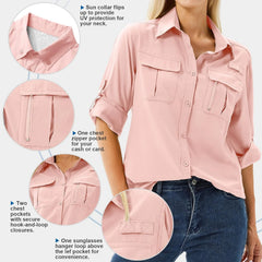 Women's UPF 50 Long Sleeve Sun Protection Safari Fish Hiking Shirts