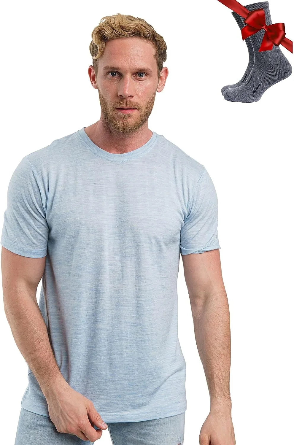 100% Merino Wool T-Shirt Men - Base Layer Top Undershirt with Hiking Socks