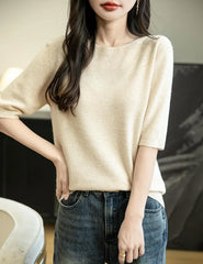 Chanyarn Women's 100% Merino Wool Spring Fall Winter First-Line Ready to Wear Seamless Knit Crewneck Short Sleeve Sweater