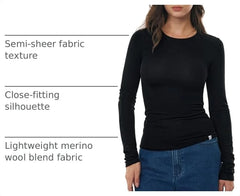 Women's Merino Wool Blend Shirts Long Sleeve Tops Crew Neck Fitted Basic Tee Cozy Embrace Collection