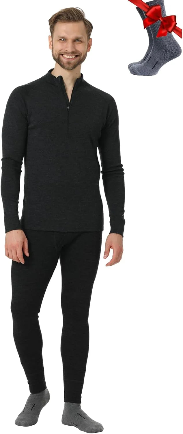 100% Merino Wool Base Layer Men Set - Thermal Underwear for Men Long Johns