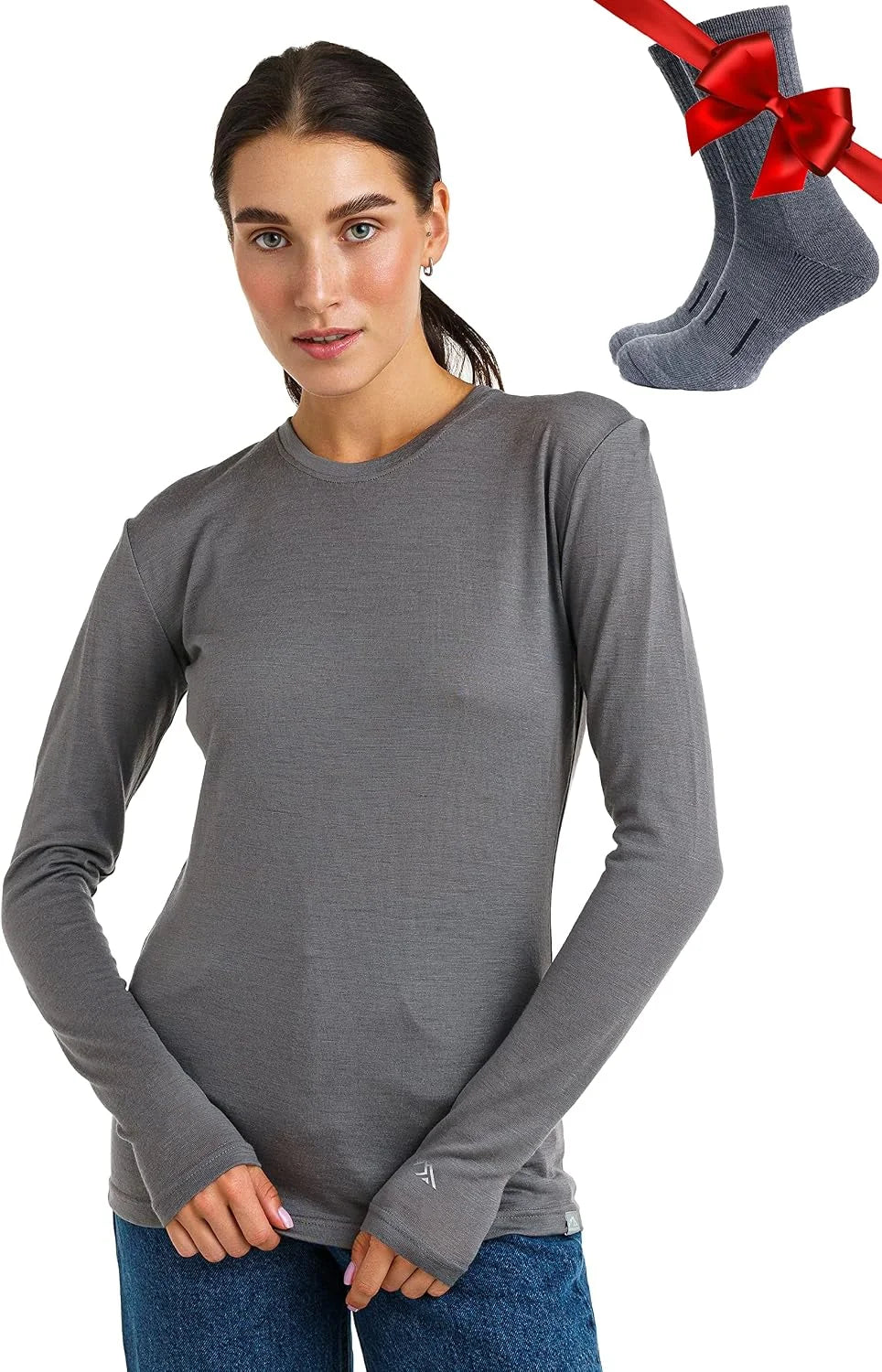 100% Merino Wool Base Layer Women - Long Sleeve Thermal Shirt with Socks