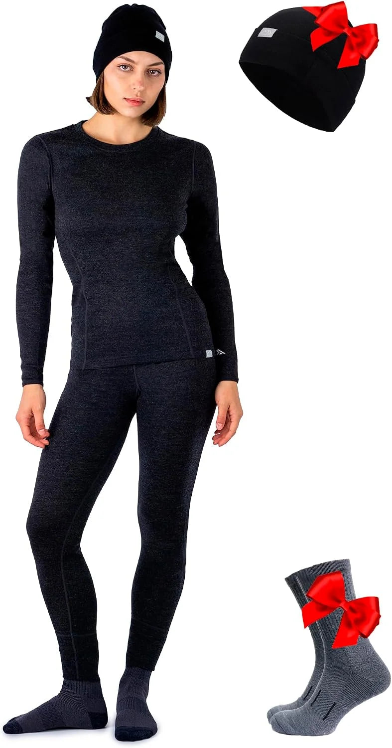 100% Merino Wool Base Layer Women Set - Thermal Underwear Women Top, Bottom