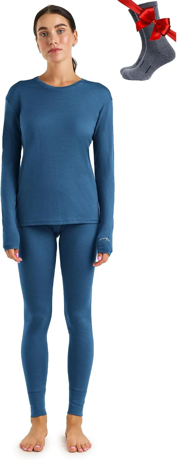 100% Merino Wool Base Layer Women Set - Thermal Underwear Women Top, Bottom