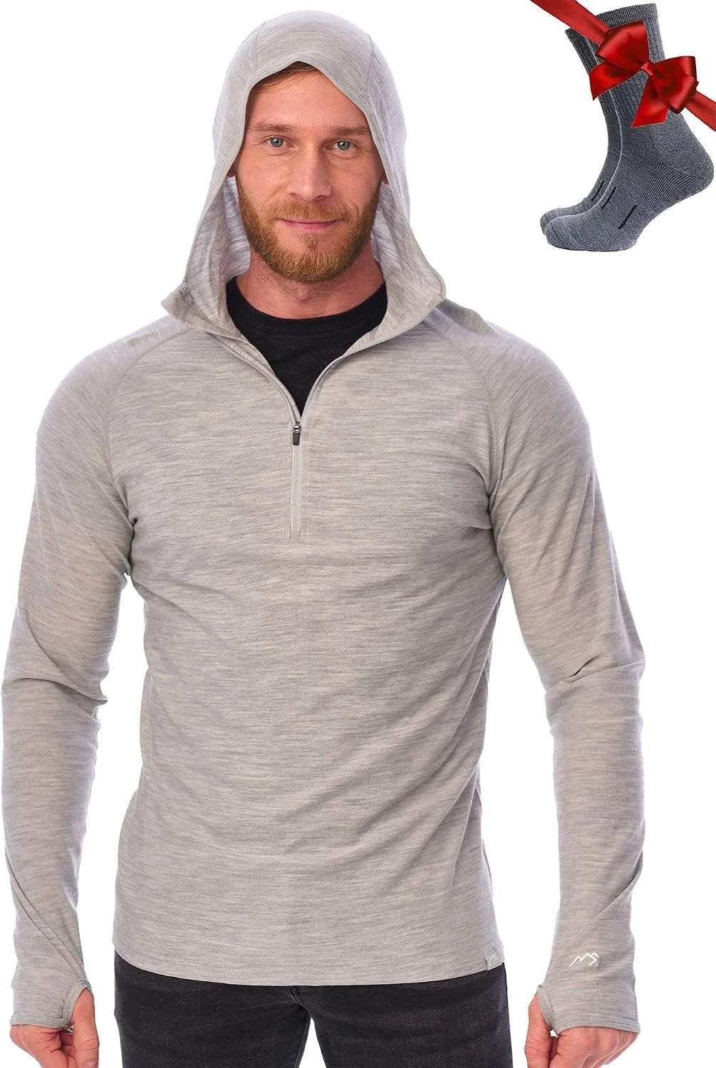 100% Merino Wool Hoodie Men - Slim Fit Quarter Zip Thermal Base Layer Top