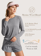 Merino Wool Shirt Women Lightweight Breathable Basic Tees Long Sleeve Sun Protection Shirts