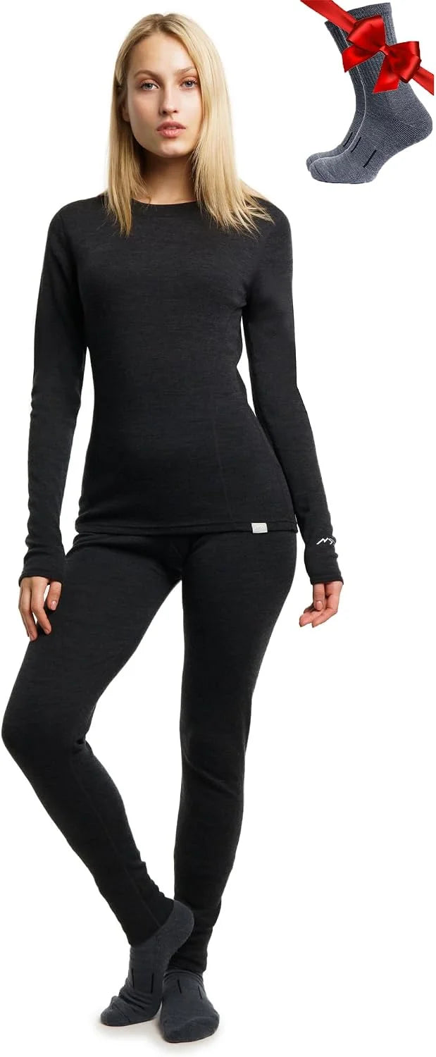 100% Merino Wool Base Layer Women Set - Thermal Underwear Women Top, Bottom