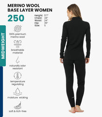 100% Merino Wool Base Layer Women Set - Thermal Underwear Women Top, Bottom