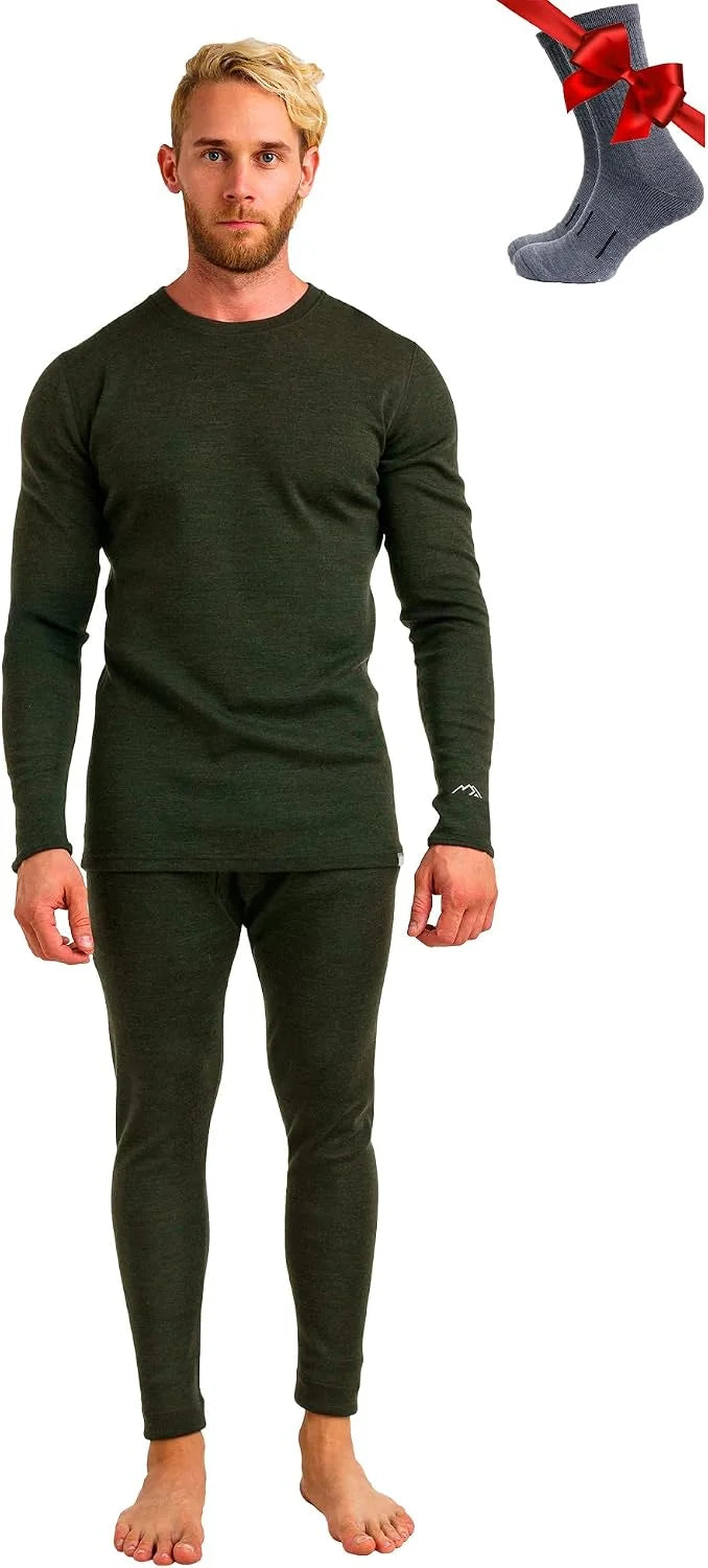 100% Merino Wool Base Layer Men Set - Thermal Underwear for Men Long Johns