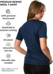 100% Merino Wool Shirt Women - Short Sleeve Tee Base Layer Top Undershirt
