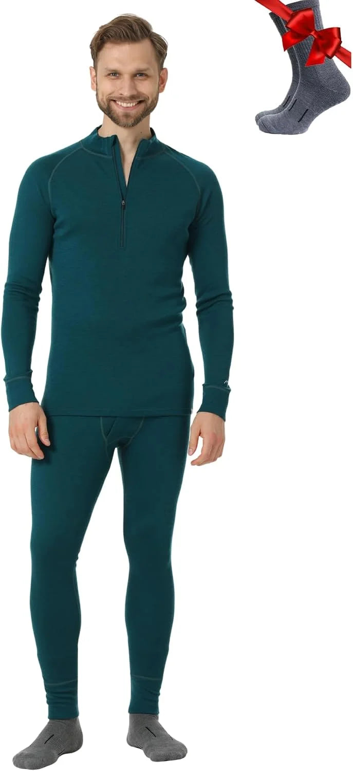 100% Merino Wool Base Layer Men Set - Thermal Underwear for Men Long Johns