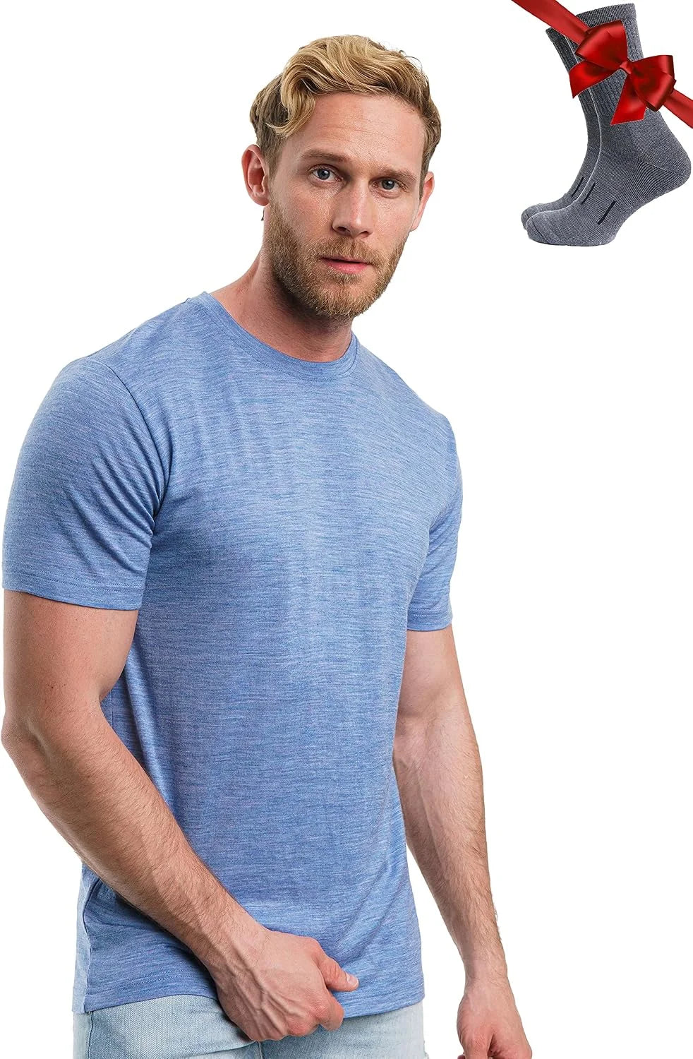 100% Merino Wool T-Shirt Men - Base Layer Top Undershirt with Hiking Socks