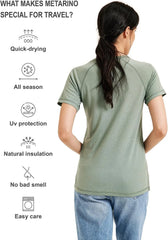 METARINO 100% Merino Wool T-Shirt Women V Neck Short Sleeve Base Layer Tee Shirt for Travel,Hiking,Sports