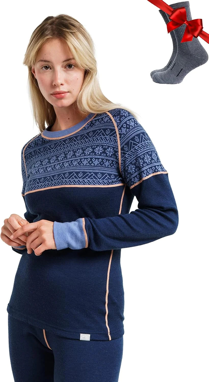 100% Merino Wool Base Layer Women - Long Sleeve Thermal Shirt with Socks