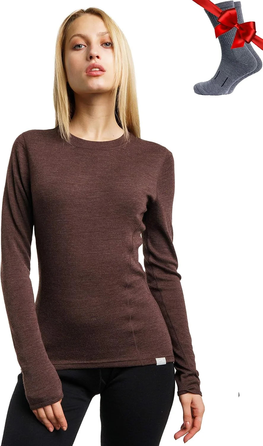 100% Merino Wool Base Layer Women - Long Sleeve Thermal Shirt with Socks