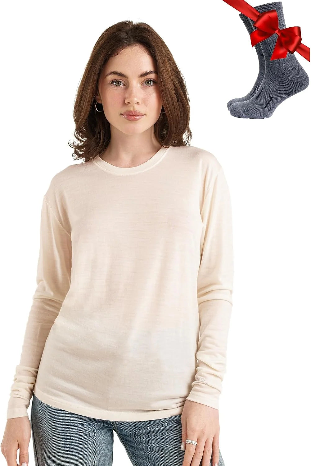 100% Merino Wool Base Layer Women - Long Sleeve Thermal Shirt with Socks