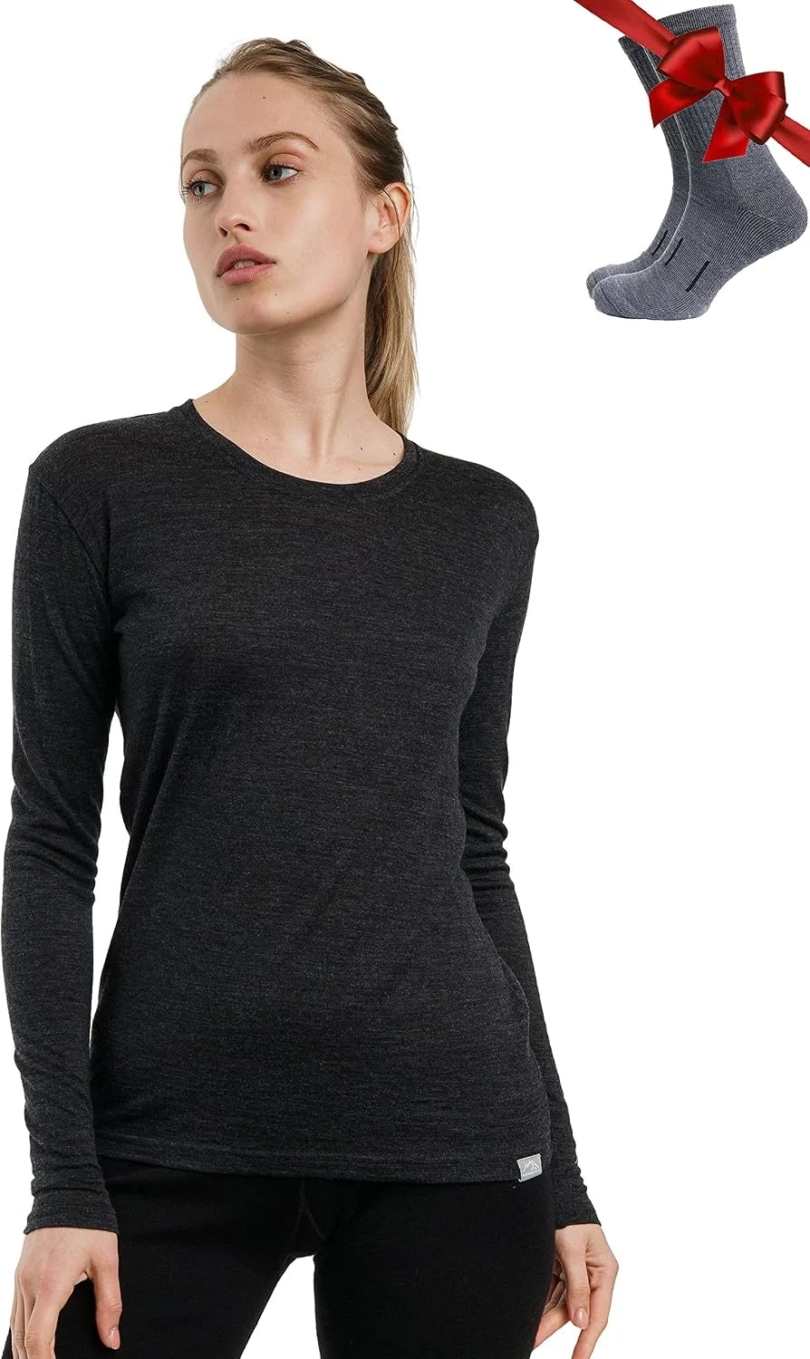 100% Merino Wool Base Layer Women - Long Sleeve Thermal Shirt with Socks