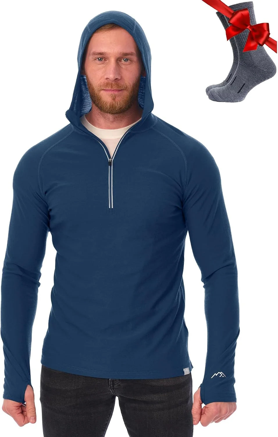 100% Merino Wool Hoodie Men - Slim Fit Quarter Zip Thermal Base Layer Top