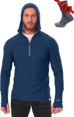 100% Merino Wool Hoodie Men - Slim Fit Quarter Zip Thermal Base Layer Top