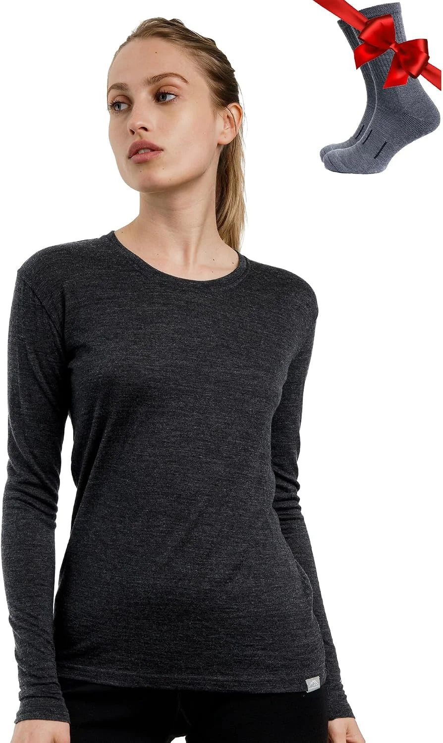 100% Merino Wool Base Layer Women - Long Sleeve Thermal Shirt with Socks