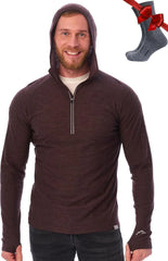 100% Merino Wool Hoodie Men - Slim Fit Quarter Zip Thermal Base Layer Top