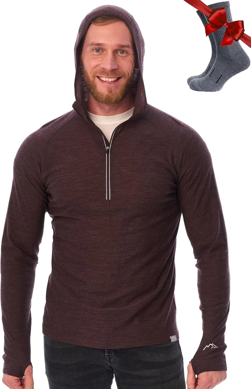 100% Merino Wool Hoodie Men - Slim Fit Quarter Zip Thermal Base Layer Top