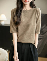 Chanyarn Women's 100% Merino Wool Spring Fall Winter First-Line Ready to Wear Seamless Knit Crewneck Short Sleeve Sweater