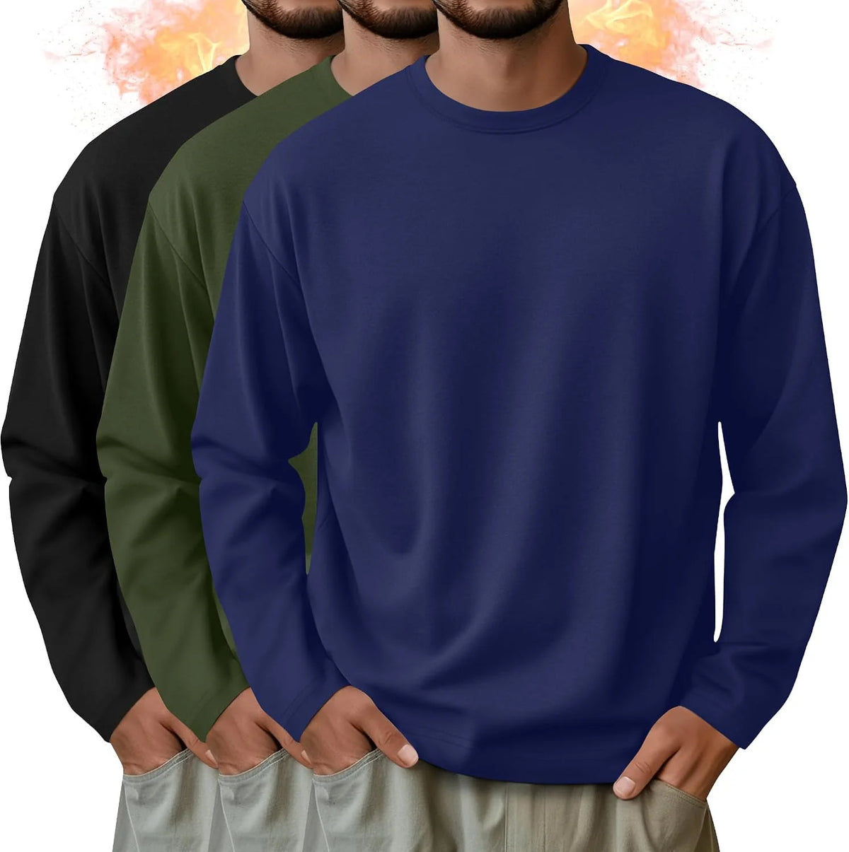3 Pack Mens Long Sleeve Thermal Shirts Crew Neck Tops
