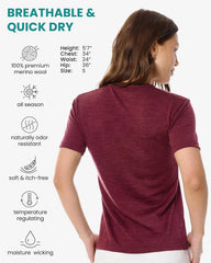 100% Merino Wool Shirt Women - Short Sleeve Tee Base Layer Top Undershirt