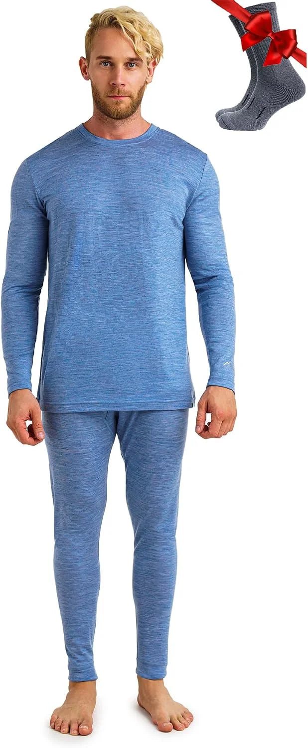 100% Merino Wool Base Layer Men Set - Thermal Underwear for Men Long Johns