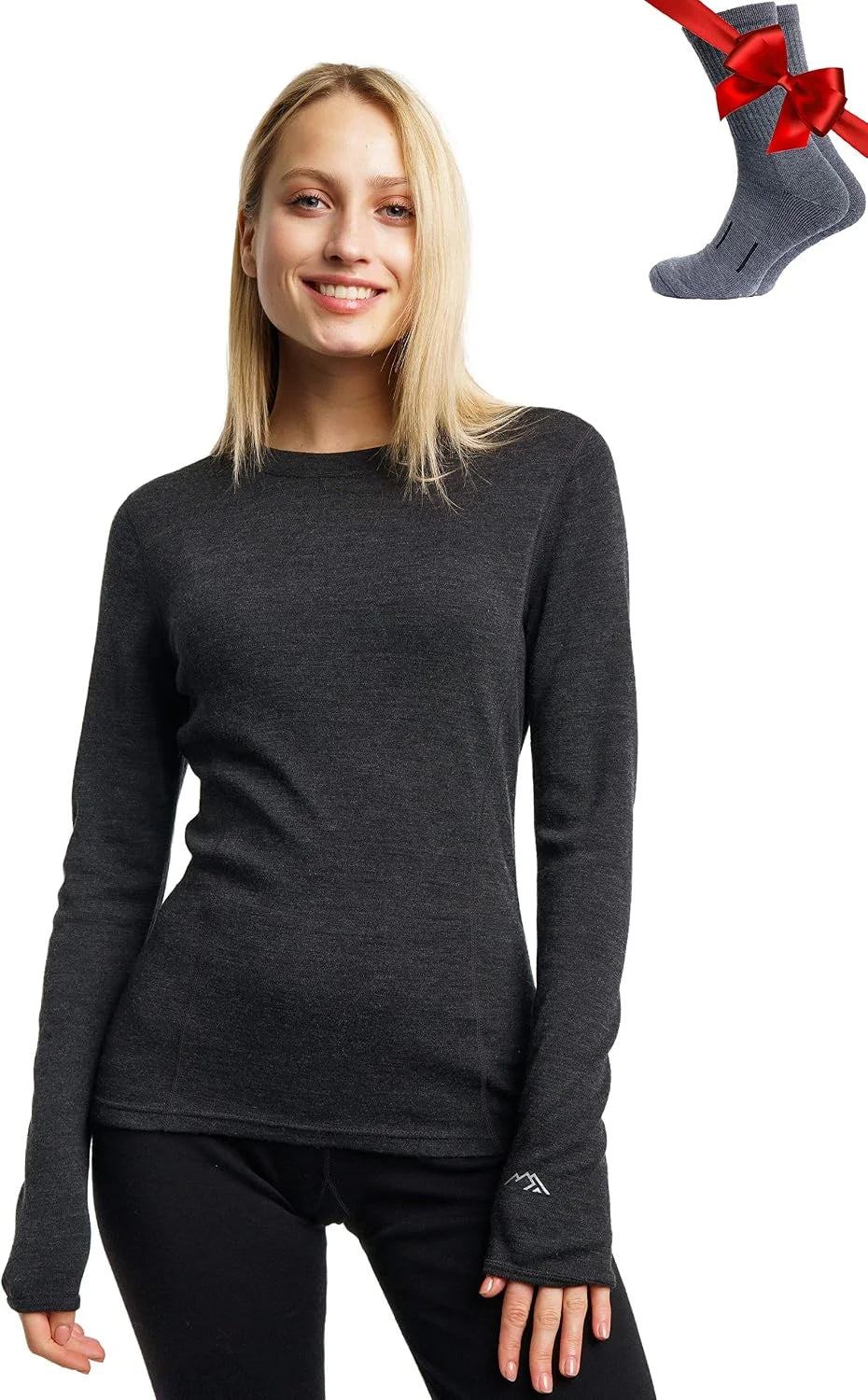 100% Merino Wool Base Layer Women - Long Sleeve Thermal Shirt with Socks