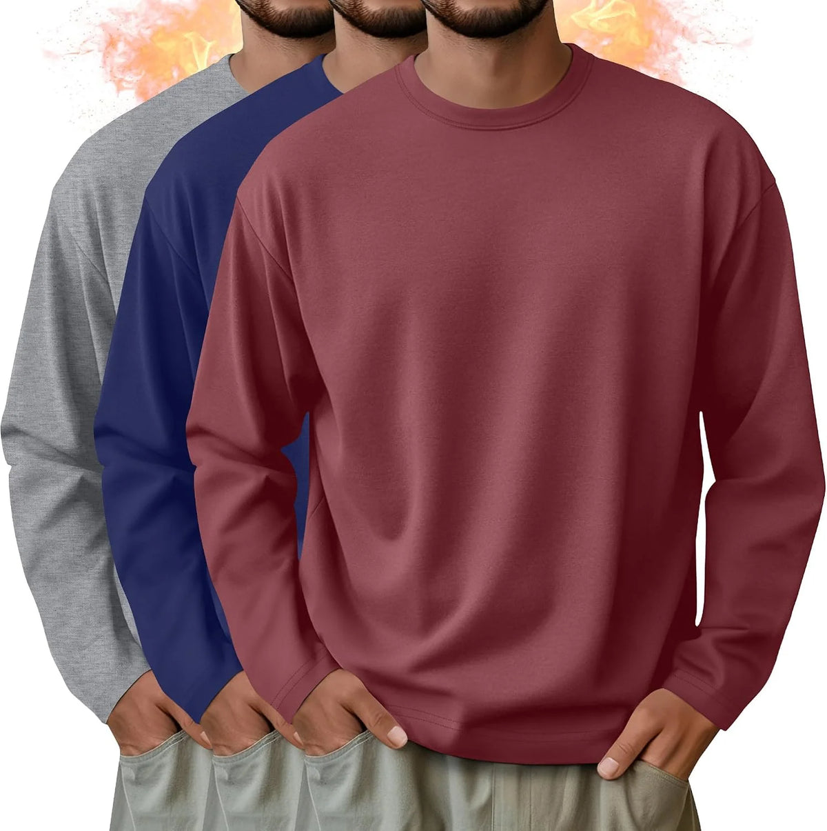 3 Pack Mens Long Sleeve Thermal Shirts Crew Neck Tops