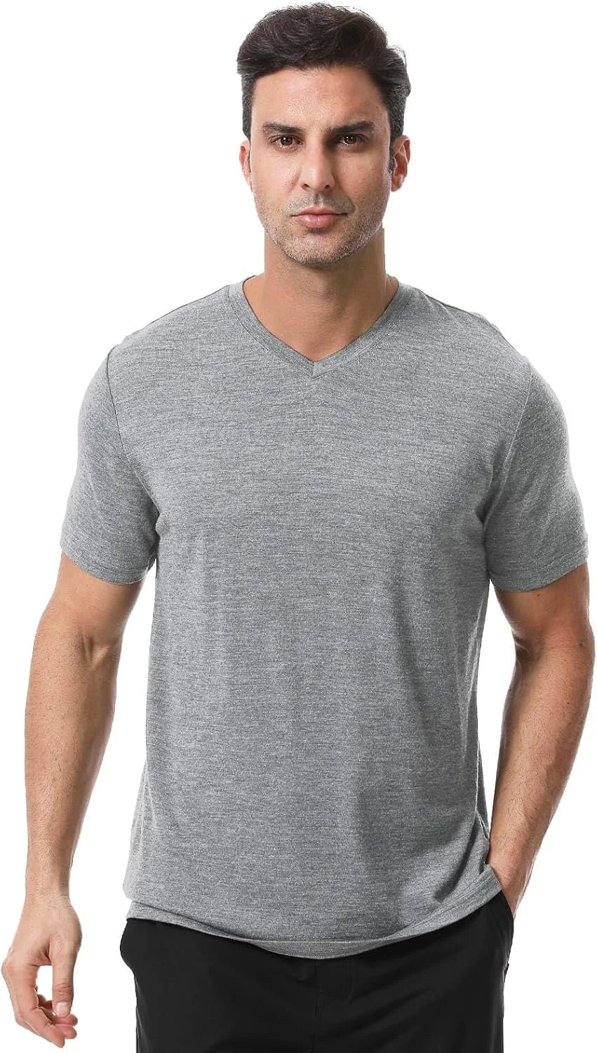 Merino Protect 100% Merino Wool V-Neck T Shirts for Men Odor Resistance Base Layer Hiking Travel T-Shirt Soft Undershirt