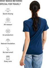 METARINO 100% Merino Wool T-Shirt Women V Neck Short Sleeve Base Layer Tee Shirt for Travel,Hiking,Sports